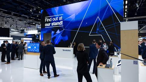 CCW 2023 - Airbus stand front view with people and big screen