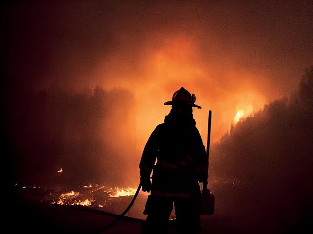 firefighter silhouette in front of the forest fire in the night