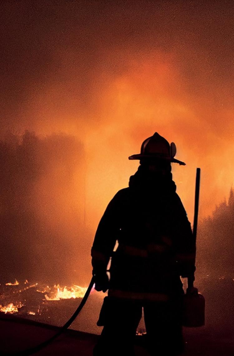 firefighter silhouette in front of the forest fire in the night firefighter silhouette in front of the forest fire in the night
