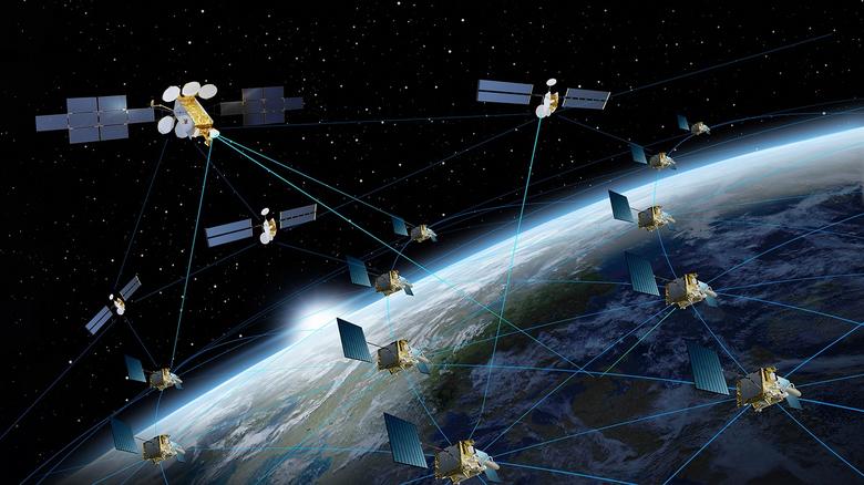 Agnet over Satcom illustration showing many satellites in low earth orbit