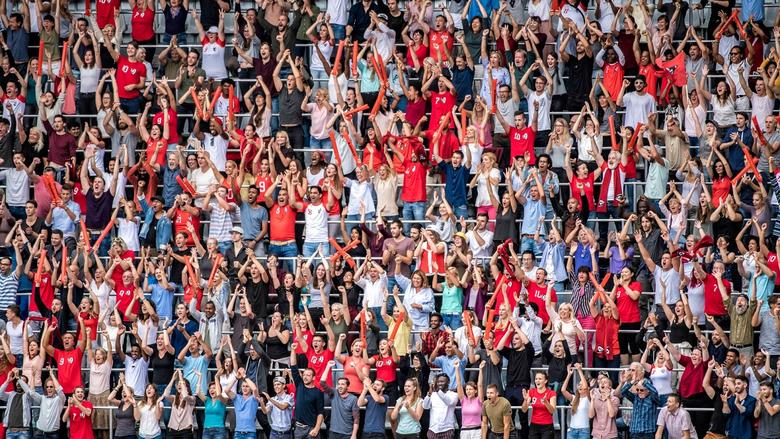 Supporters encouraging their team in a stadium grandstand